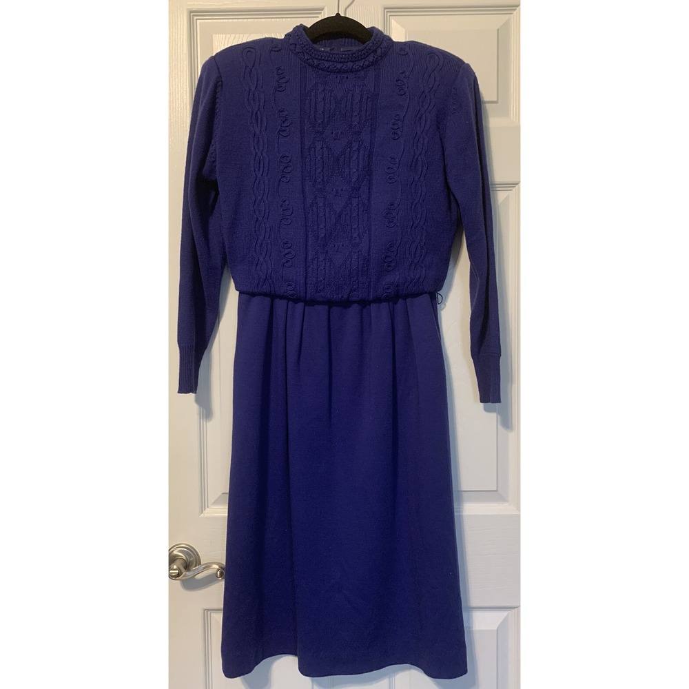 Vintage Ciao Ltd Sweater Dress Knit Blouson Wool Blend Size 8 Royal Purple